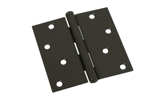 4" Oil Rubbed Bronze Door Hinge with square corners & a removable pin. Oil rubbed bronze finish on steel material. Countersunk holes. Includes flat head screws. 4" x 4" door hinge size. National Hardware Model No. N830-204. 886780009446