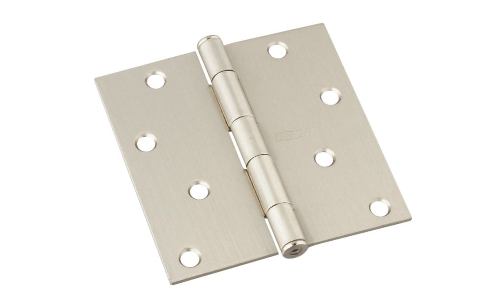 4" Satin Nickel Door Hinge with square corners & a removable pin. Satin nickel finish on steel material. Countersunk holes. Includes flat head screws. National Hardware Model No. N830-249.