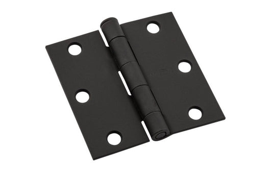 3" x 3" square corner door hinge. Heavy-gauge cold-rolled steel for added strength. Flush pin for finished appearance. 5 knuckle full mortise design. Square corners. Screw holes are countersunk. Removable pin for easier installation or removal of doors. Includes flat head screws. National Hardware Model No. N830-424.