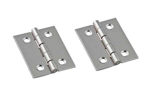 1-1/2" x 1-1/4" Satin Nickel Hinges ~ 2 Pack are designed to add a decorative appearance to small chests, jewelry boxes, craft projects, etc. Made of steel material with a satin nickel finish. 1-1/2" high x 1-1/4" wide. Surface mount. Non-removable pin. Sold as 4 hinges in pack. National Hardware Model No. N211-013. 886780014228. 2 Pack