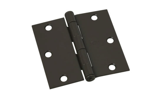 3" Oil Rubbed Bronze Door Hinge with square corners & a removable pin. Oil Rubbed Bronze finish on steel material. Countersunk holes. Includes flat head screws. 3" x 3" door hinge size. Five knuckle, full mortise design. National Hardware Model No. N830-205. 886780009453