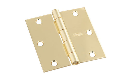 3" Bright Brass Door Hinge with square corners & a removable pin. Bright Brass finish on steel material. Countersunk holes. Includes flat head screws. 3" x 3" door hinge size. Five knuckle, full mortise design. National Hardware Model No. N830-214. 886780009545