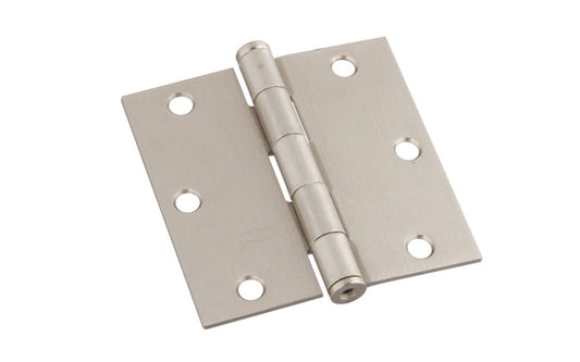 3" Satin Nickel Door Hinge with square corners & a removable pin. Satin Nickel finish on steel material. Countersunk holes. Includes flat head screws. 3" x 3" door hinge size. Five knuckle, full mortise design. National Hardware Model No. N830-250. 886780009903