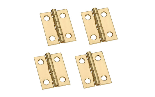 1" x 3/4" Solid Brass Hinges ~ 4 Pack ~ These solid brass hinges are designed to add a decorative appearance to small boxes, jewelry boxes, small lightweight cabinet doors, craft projects, etc. Made of solid brass material with a bright brass finish. 1" high x 3/4" wide. Surface mount. Non-removable pin. Four hinges. National Hardware Model No. N211-177. 