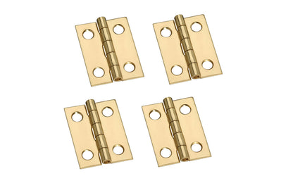 1" x 3/4" Solid Brass Hinges ~ 4 Pack ~ These solid brass hinges are designed to add a decorative appearance to small boxes, jewelry boxes, small lightweight cabinet doors, craft projects, etc. Made of solid brass material with a bright brass finish. 1" high x 3/4" wide. Surface mount. Non-removable pin. Four hinges. National Hardware Model No. N211-177. 