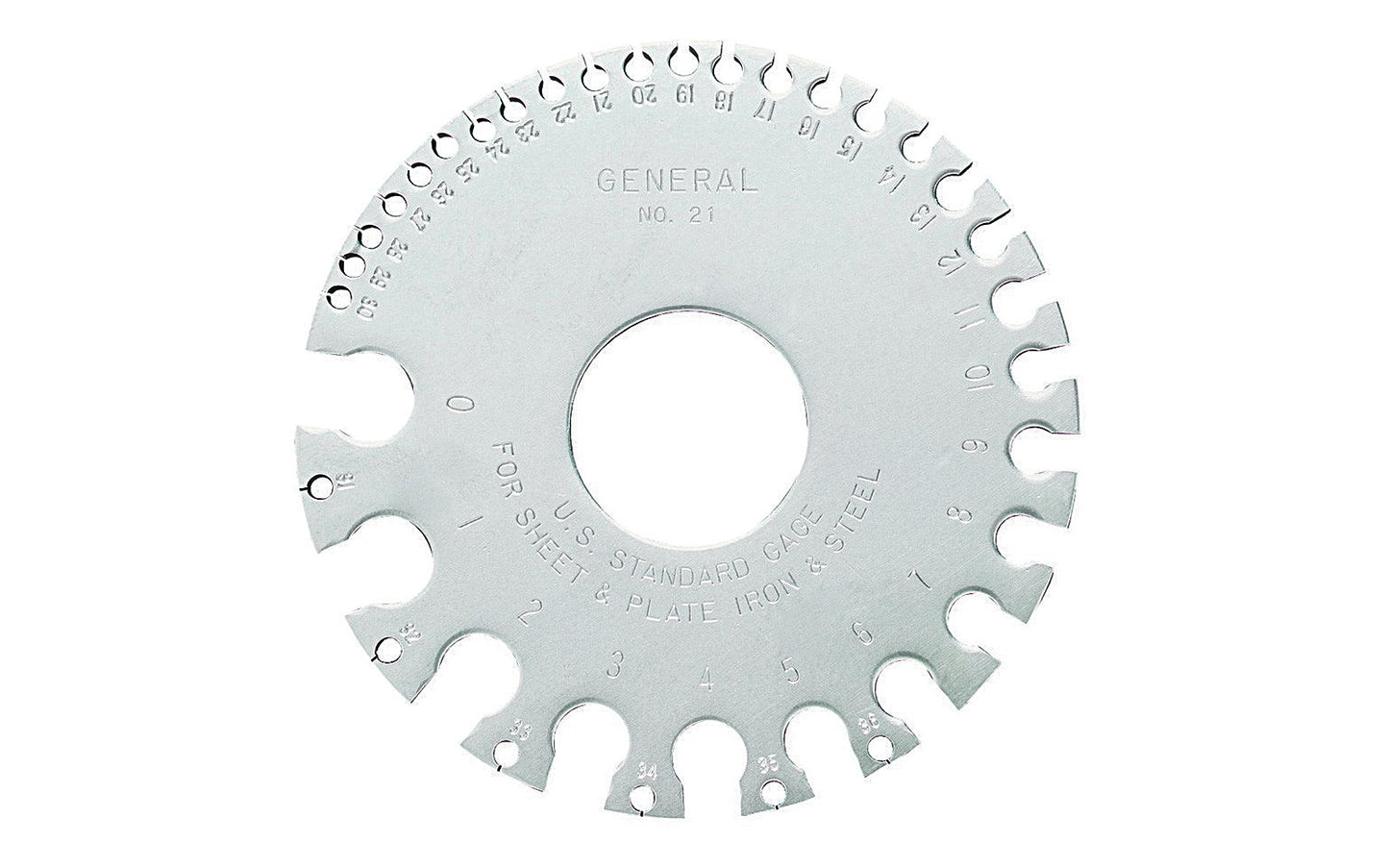 US Standard Sheet Metal Gage ~ Made of heavy gage, hardened steel ~ Decimal equivalents on the reverse side ~ Gages numbers are in US Standard. Numbers 0 to 36 (.325" - .007") ~ General Tools Model 21 ~ 038728220417