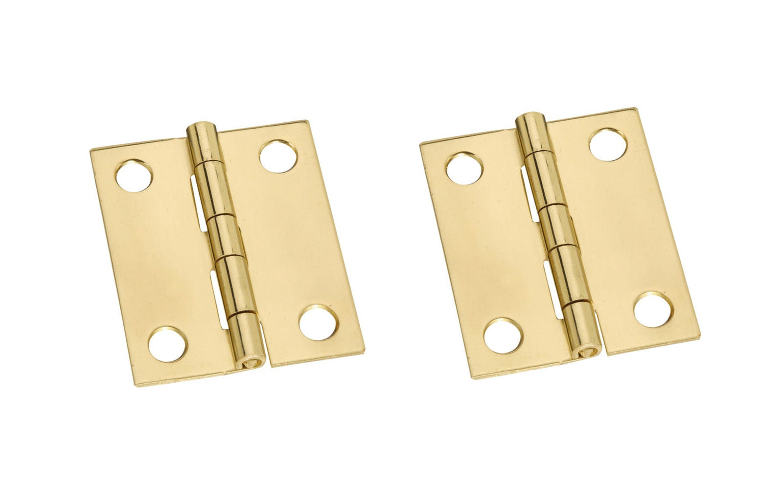These solid brass hinges add a decorative appearance to small boxes, jewelry boxes, small lightweight cabinet doors, craft projects, etc. Made of solid brass material with a bright brass finish. 1-1/2" high x1-1/4" wide. Surface mount. Non-removable pin. Pair of hinges. National Hardware Model No. N211-359. 