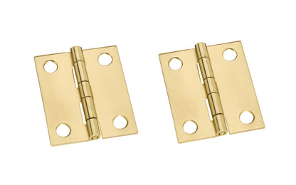 These solid brass hinges add a decorative appearance to small boxes, jewelry boxes, small lightweight cabinet doors, craft projects, etc. Made of solid brass material with a bright brass finish. 1-1/2" high x1-1/4" wide. Surface mount. Non-removable pin. Pair of hinges. National Hardware Model No. N211-359. 