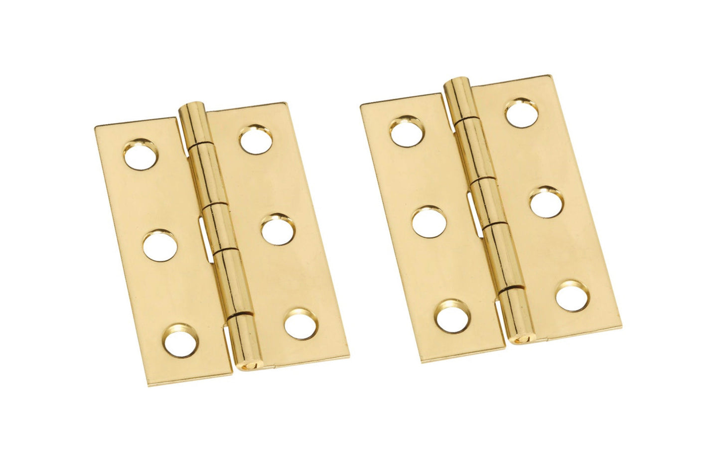 These solid brass hinges add a decorative appearance to small boxes, jewelry boxes, small lightweight cabinet doors, craft projects, etc. Made of solid brass material with a bright brass finish. 2" high x 1-3/8" wide. Surface mount. Non-removable pin. Pair of hinges. National Hardware Model No. N211-375. 038613211377