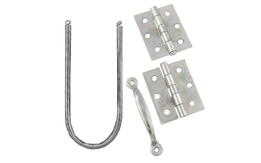 Zinc Plated Steel Screen / Storm Door Set is designed for wood screen & storm doors. Contains a pair of zinc plated 3" x 2-1/2" size hinges, zinc plated screen door handle pull with 4-1/4" on centers, 16-3/8" long spring with hooks, hook & eye. Pins are removable for easy door installation. National Hardware N107-425