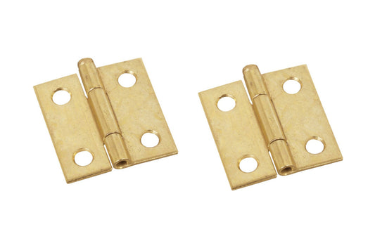 1-1/2" Brass-Plated Loose-Pin Narrow Hinges - 2 Pack. 1-1/2" high x 1-1/2" wide. Made of cold-rolled steel with brass plating. Surface mount. Removable pin hinges. Sold as a pair of hinges. National Hardware Model No. N141-754. 038613141759