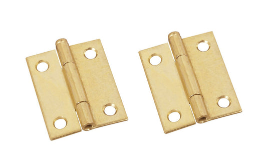 2" Brass-Plated Loose-Pin Narrow Hinges - 2 Pack. 2" high x 1-9/16" wide. Made of cold-rolled steel with brass plating. Surface mount. Removable pin hinges. Sold as a pair of hinges. National Hardware Model No. N141-879. 038613141872
