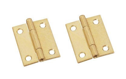 2" Brass-Plated Loose-Pin Narrow Hinges - 2 Pack. 2" high x 1-9/16" wide. Made of cold-rolled steel with brass plating. Surface mount. Removable pin hinges. Sold as a pair of hinges. National Hardware Model No. N141-879. 038613141872