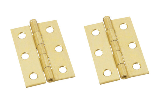 2-1/2" Brass-Plated Loose-Pin Narrow Hinges - 2 Pack. 2-1/2" high x 1-11/16" wide. Made of cold-rolled steel with brass plating. Surface mount. Removable pin hinges. Sold as a pair of hinges. National Hardware Model No. N141-960. 038613141964
