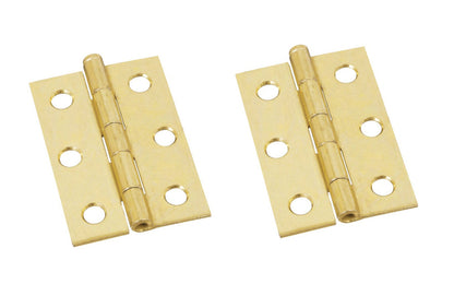 2-1/2" Brass-Plated Fixed-Pin Narrow Hinges - 2 Pack. 2-1/2" high x 1-11/16" wide. Made of cold-rolled steel with brass plating. Removable pin hinges. Sold as a pair of hinges. National Hardware Model No. N146-290.