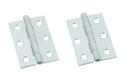 2-1/2" Zinc-Plated Fixed-Pin Narrow Hinges - 2 Pack. 2-1/2" high x 1-11/16" wide. Made of cold-rolled steel with zinc plating. Non-removable pin hinges. Sold as a pair of hinges. National Hardware Model No. N146-258. 
