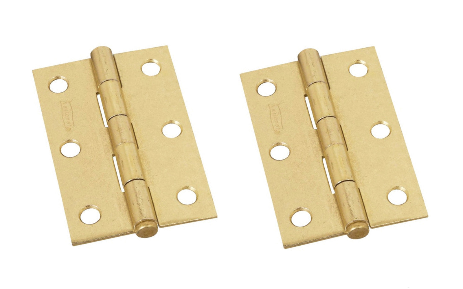 3" Brass-Plated Loose-Pin Narrow Hinges - 2 Pack. 3" high x 2-1/16" wide. Made of cold-rolled steel with brass plating. Surface mount. Removable pin hinges. Sold as a pair of hinges. National Hardware Model No. N142-067. 038613142060