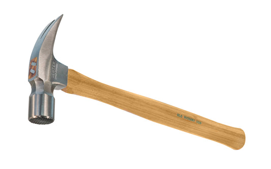 A Japanese 22 oz Mill Face Rip Hammer with Hickory Handle. Mill waffle face. 17" overall length. Head made in Japan.  Handle made from American Hickory. E-37-M. Mill waffle face.