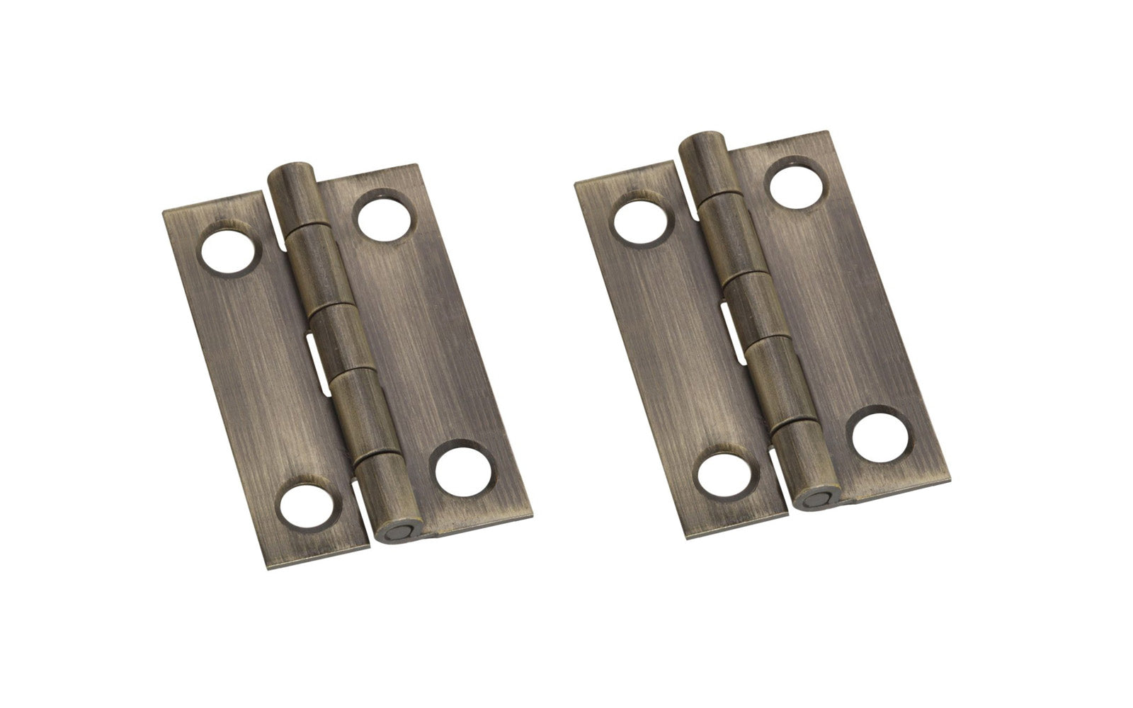 1" x 3/4" Antique Brass Hinges ~ 2 Pack ~ Antique brass hinges are designed to add a decorative appearance to small boxes, jewelry boxes, small lightweight cabinet doors, craft projects, etc. Made of solid brass material with an antique brass finish. 1" high x 3/4" wide. Surface mount. Non-removable pin. Pair of hinges. National Hardware Model No. N211-185. 