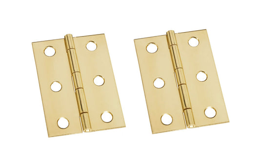 These solid brass hinges add a decorative appearance to small boxes, jewelry boxes, small lightweight cabinet doors, craft projects, etc. Made of solid brass material with a bright brass finish. 2-1/2" high x 1-3/4" wide. Surface mount. Non-removable pin. Pair of hinges. National Hardware Model No. N211-391. 