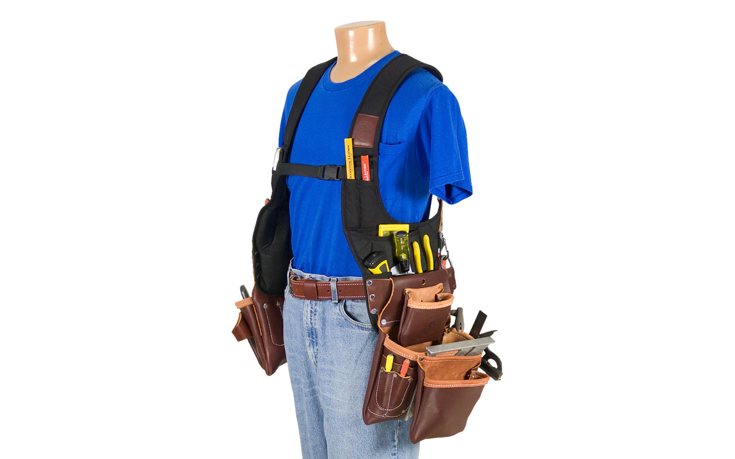 Occidental Leather "SuspendaVest" Leather Package system is a complete tool system with No. 2500 "SuspendaVest" packaged with No. 5060 (2 pouch fastener bag) & No. 5017DB (3 pouch tool bag). 36 total pockets & tool holders. Special tool vest system No. 2550. Industrial nylon material & genuine leather. 759244194401