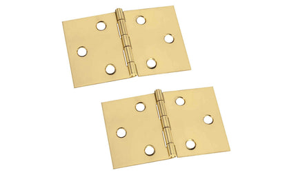 2" x 3-1/16" Solid Brass Hinges ~ 2 Pack. Solid brass hinges are designed for desks, small boxes, jewelry boxes, small lightweight cabinet doors, craft projects. Solid brass material with a bright brass finish. Surface mount. Non-removable pin. Pair of desk hinges. National Hardware Model No. N211-888. 