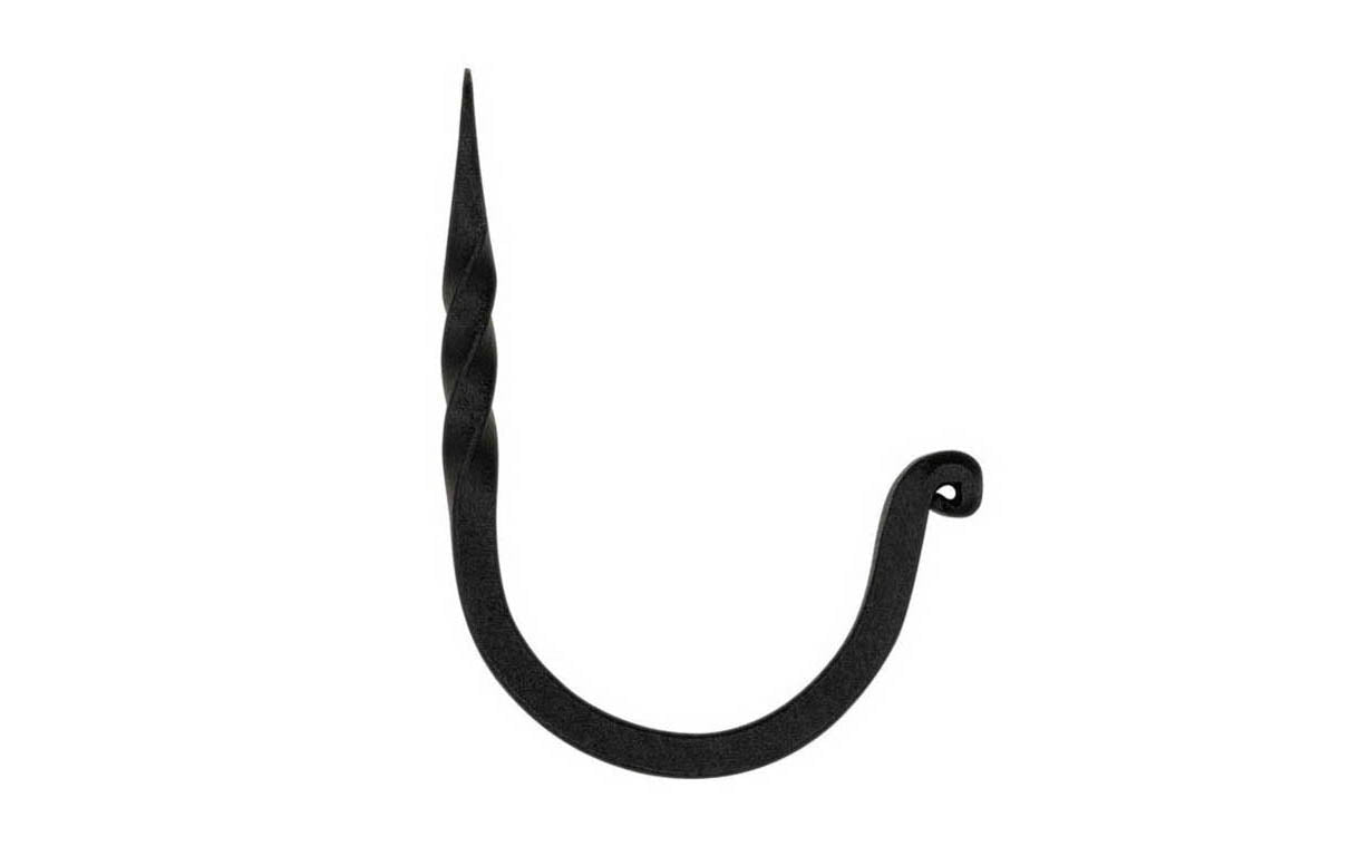 A rustic-looking twisted hook that's made of hand forged steel. It has a black powder coated finish that resists corrosion. This rustic hook is great for many versatile uses both indoors & outdoors. 2" overall length & 1-1/2" projection. Great for bathrooms, kitchens, hallways, bedroom, entryways - Old Twisted Hook
