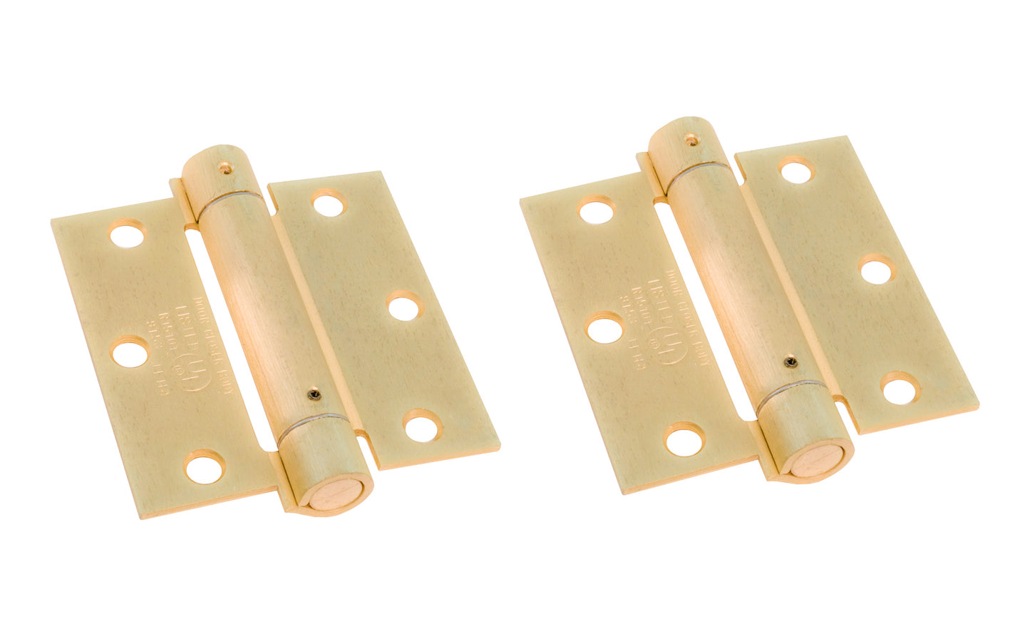 3-1/2" Brass Finish Spring Hinge is designed for hanging self-closing doors in basements, stairways, garages, & entrances, etc. Can be used in residential, commercial, & apartment buildings. Hinge is UL approved. Closing speed is adjustable. Fits standard hinge cutout. Square corner automatic door-closing spring hinge. Satin Brass Finish on cold-rolled steel material. Sold as two hinges in pack.  Ultra Hardware No. 35341