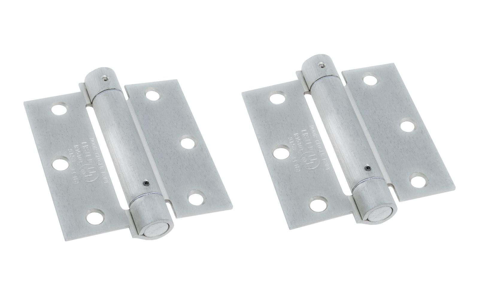 These 3-1/2" Satin Chrome Finish Spring Hinges are designed for hanging self-closing doors in basements, stairways, garages, & entrances, etc. Can be used in residential, commercial, & apartment buildings. Hinge is UL approved. Closing speed is adjustable. Fits standard hinge cutout. Square corner automatic door-closing spring hinge. Satin Chrome Finish on cold-rolled steel material. Sold as two hinges in pack.  Ultra Hardware No. 35336