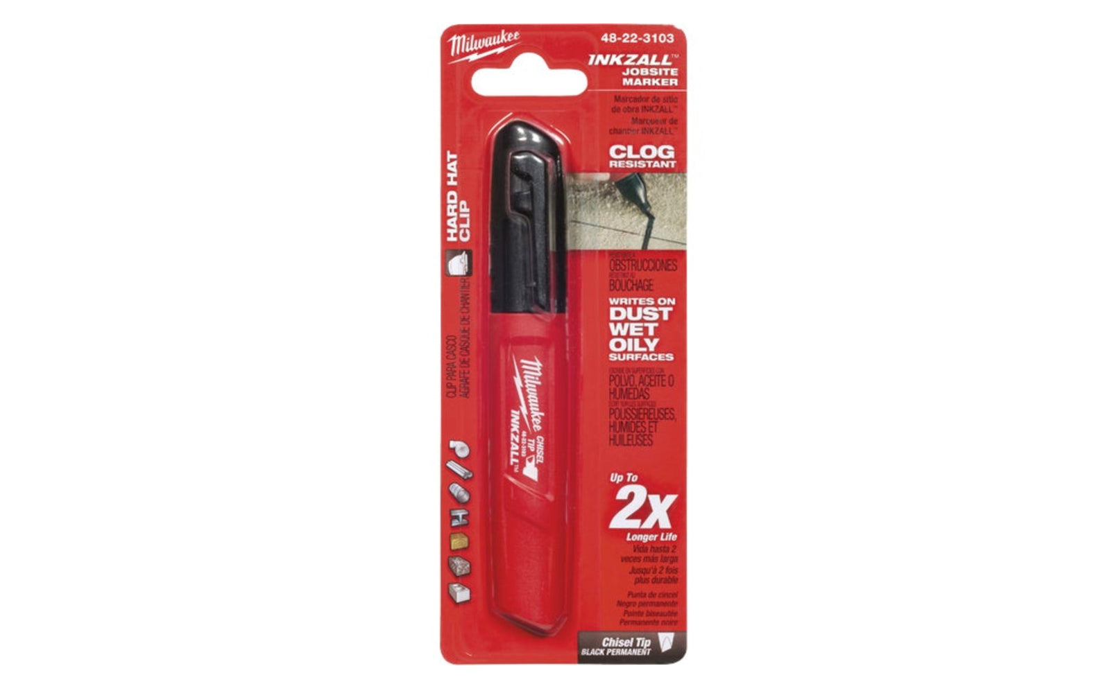 Milwaukee Inkzall Chisel Tip  Jobsite Marker - Black. Jobsite permanent markers feature clog resistant tips and the ability to write through dusty, wet or oily surfaces. Durable marker pens are designed for writing on rough surfaces. 48-22-3103. 