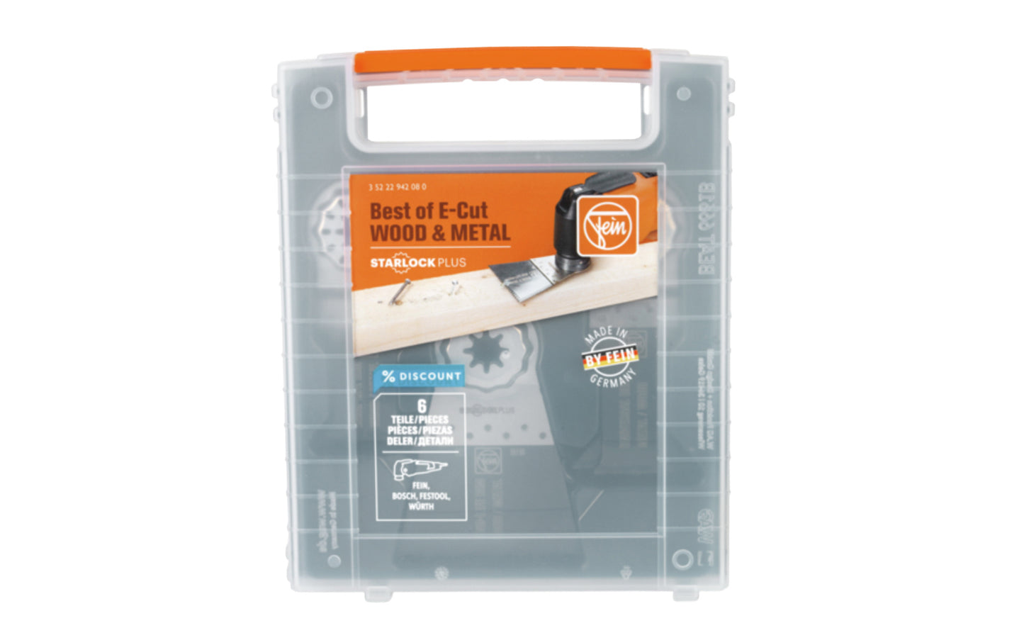 Fein Tools "Best of E-Cut" Wood & Metal BIM blades.  6 different E-Cut saw blades with bimetal teeth in a practical plastic storage box. 1 ea. E-Cut Universal saw blades, 1-1/8" (28 mm) & 1-3/4" (44 mm) wide & 2 ea. E-Cut Long-Life saw blades 1-3/8" (35 mm) & 2-9/16" (65 mm) wide. Made in Germany. Model No. 35222942080