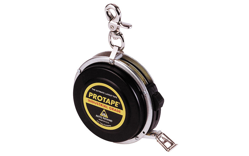 3/8" x 50' Spencer Pro-Tape Auto-Rewind Tape Measure - 950B. 1/8" graduations. Spencer ProTapes are designed with an aircraft aluminum case, alloy steel main shaft, & active bumper to cushion blade tip on rewind. Other features include a locking brake, folding engineers hook, & a belt clip. Made in USA. 727659456223