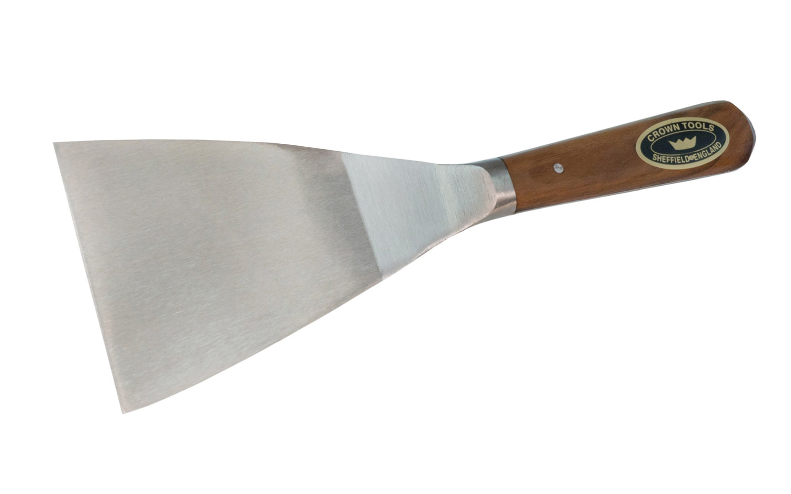 Crown Tools 4" (102 mm) Filing Knife with a flexible spring-tempered blade. High quality putty knife for filing holes, cracks, etc. Walnut wood handle. Made in Sheffield, England.