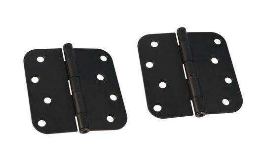 A pair of 4" Oil Rubbed Bronze Door Hinges with 5/8" radius corners & a removable pin. Oil Rubbed Bronzefinish on steel material. Countersunk holes. Includes flat head screws. 4" x 4" door hinge size. Five knuckle, full mortise design. Ultra Hardware No. 35047.