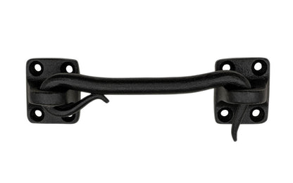 A rustic-looking hook and eye that's hand forged with a black powder coated finish to resist rust. Made of hand forged steel material with a black finish, it has a nice durable & strong feel. This piece of hardware is great for shutters, gates, or doors - Model 088428 - 4" overall length - Black Forged Hook & Eye