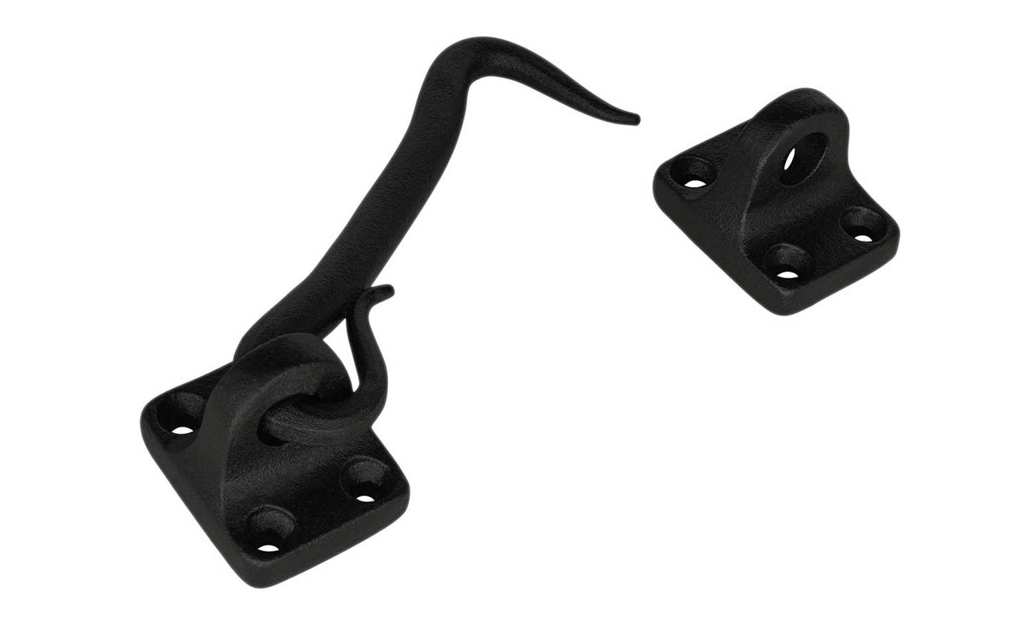 A rustic-looking hook and eye that's hand forged with a black powder coated finish to resist rust. Made of hand forged steel material with a black finish, it has a nice durable & strong feel. This piece of hardware is great for shutters, gates, or doors - Model 088428 - 4" overall length - Black Forged Hook & Eye