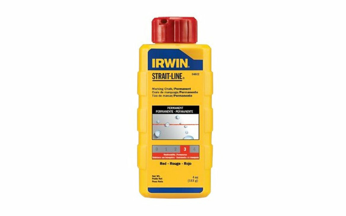 This Irwin Strait-Line 4 oz Permanent Red Marking Chalk is designed for reel type chalk line boxes. Squeeze bottles with fast fill spout. For Exterior use on a variety of surfaces including wood, concrete, stone, & metal. Permanent - Visible after weeks of weather exposure & jobsite wear. Model 64802. Red color chalk 