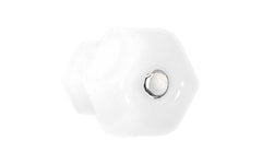 Vintage-style Hardware · Classic & original-style hexagonal glass cabinet knob with a silver pan head thru-bolt. Made of genuine glass. "Translucent White - Opal" color glass. Includes silver pan thru-bolt. Reproduction hexagonal classic glass knob. Traditional hex glass knob. 1-1/2" Diameter