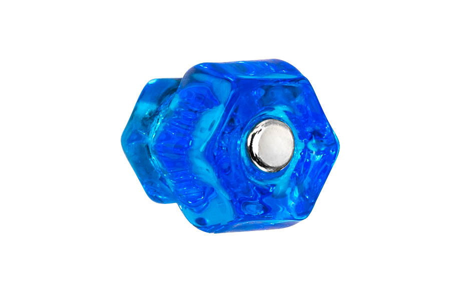 Vintage-style Hardware · Classic & original-style hexagonal glass cabinet knob with a silver pan head thru-bolt. Made of genuine glass. "Peacock Blue" color glass. Includes a silver pan thru-bolt. Reproduction hexagonal classic glass knob. Traditional hex glass knob. 1-1/4" Diameter