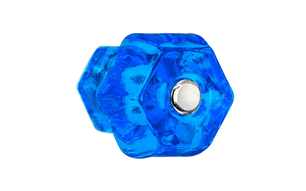 Vintage-style Hardware · Classic & original-style hexagonal glass cabinet knob with a silver pan head thru-bolt. Made of genuine glass. "Peacock Blue" color glass. Includes a silver pan thru-bolt. Reproduction hexagonal classic glass knob. Traditional hex glass knob. 1-1/2" Diameter