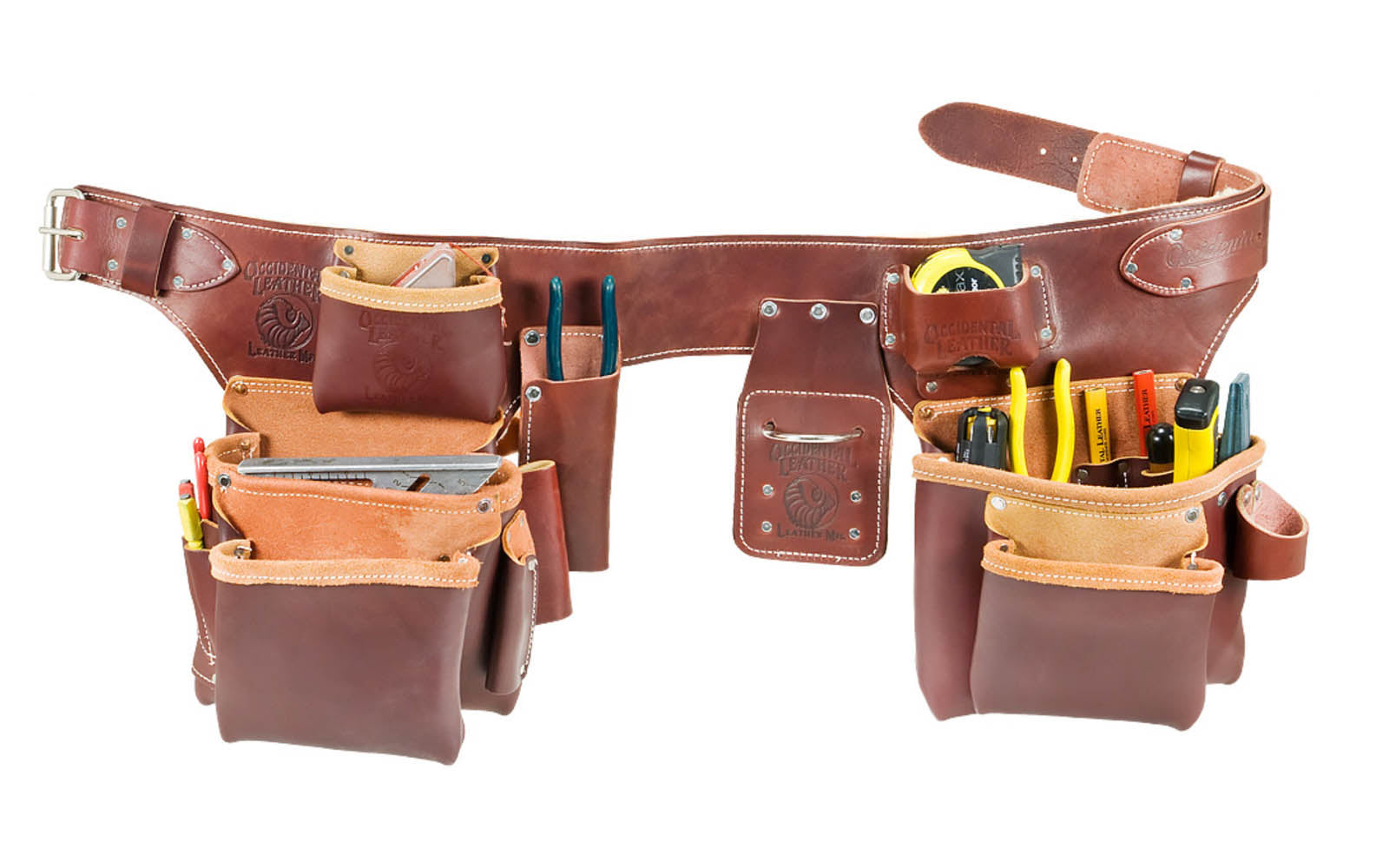 Occidental Leather "Pro Carpenter" 5-Bag Assembly Tool Belt Set Package ~ 5191 LG - 3" Large Ranger Work Belt - Premium Top-Grain Leather - Copper Rivets. Enhanced comfort with Sheepskin lining  - 21 Pockets & Tool Holders - 759244149807. "Pro Leather" series is made of top grain cow hides tanned with oils & waxes