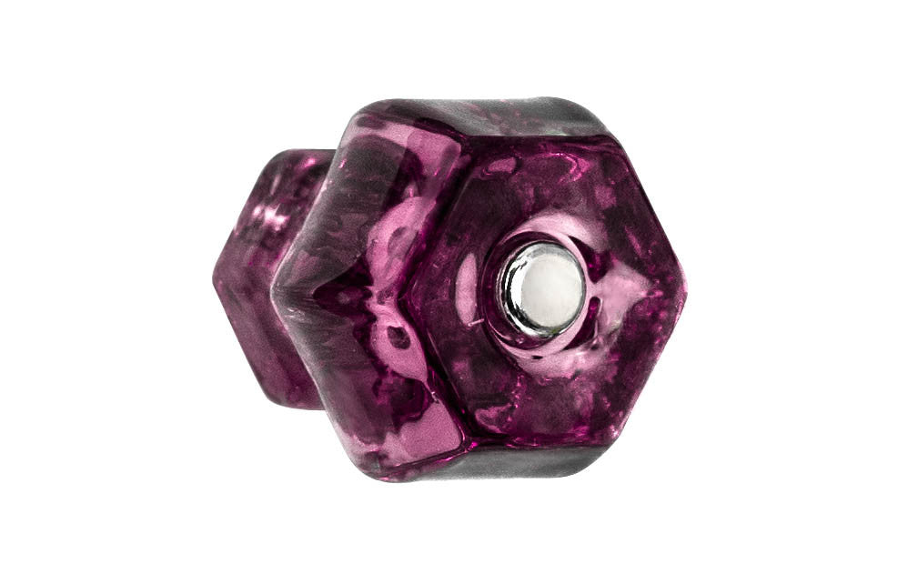 Vintage-style Hardware · Classic & original-style hexagonal glass cabinet knob with a silver pan head thru-bolt. Made of genuine glass. "Purple Amethyst" color glass. Includes a silver pan thru-bolt. Reproduction hexagonal classic glass knob. Traditional hex glass knob. 1-1/2" Diameter