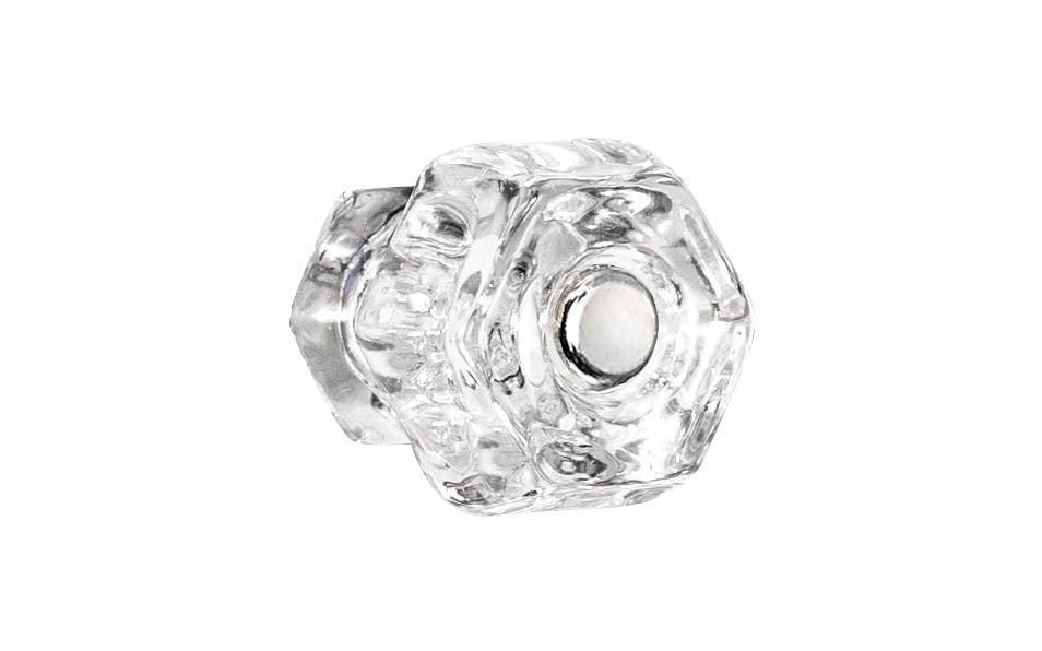 Vintage-style Hardware · Classic & original-style hexagonal glass cabinet knob with a silver pan head thru-bolt. Made of genuine glass. Crystal clear glass. Includes a silver pan thru-bolt. Reproduction hexagonal classic glass knob. Traditional hex glass knob. 1-1/4" Diameter