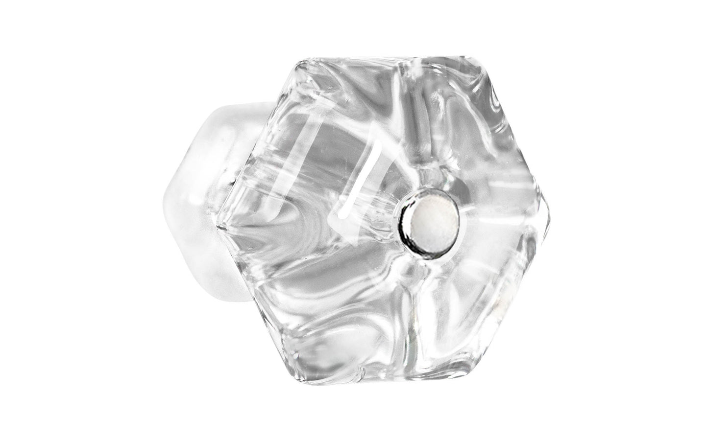 Vintage-style Hardware · Classic & original-style hexagonal glass cabinet knob with a silver pan head thru-bolt. Made of genuine glass. Crystal clear glass. Includes a silver pan thru-bolt. Reproduction hexagonal classic glass knob. Traditional hex glass knob. 1-3/4" Diameter