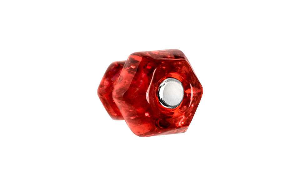 Vintage-style Hardware · Classic & original-style hexagonal glass cabinet knob with a silver pan head thru-bolt. Made of genuine glass. "Ruby Red" color glass. Includes a silver pan thru-bolt. Reproduction hexagonal classic glass knob. Traditional hex glass knob. 1" Diameter