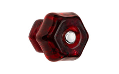 Vintage-style Hardware · Classic & original-style hexagonal glass cabinet knob with a silver pan head thru-bolt. Made of genuine glass. "Ruby Red" color glass. Includes a silver pan thru-bolt. Reproduction hexagonal classic glass knob. Traditional hex glass knob. 1-1/2" Diameter