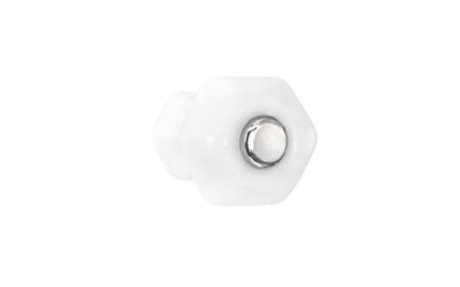 Vintage-style Hardware · Classic & original-style hexagonal glass cabinet knob with a silver pan head thru-bolt. Made of genuine glass. White color glass. Includes a silver pan thru-bolt. Reproduction hexagonal classic glass knob. Traditional hex glass knob. 1" Diameter