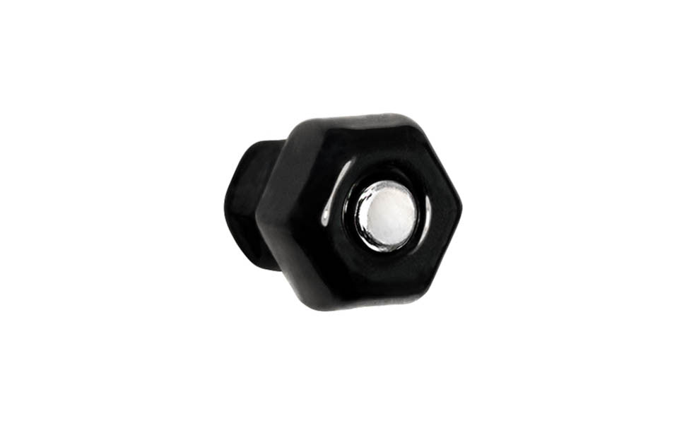 Vintage-style Hardware · Classic & original-style hexagonal glass cabinet knob with a silver pan head thru-bolt. Made of genuine glass. Black color glass. Includes a silver pan thru-bolt. Reproduction hexagonal classic glass knob. Traditional hex glass knob. 1" Diameter