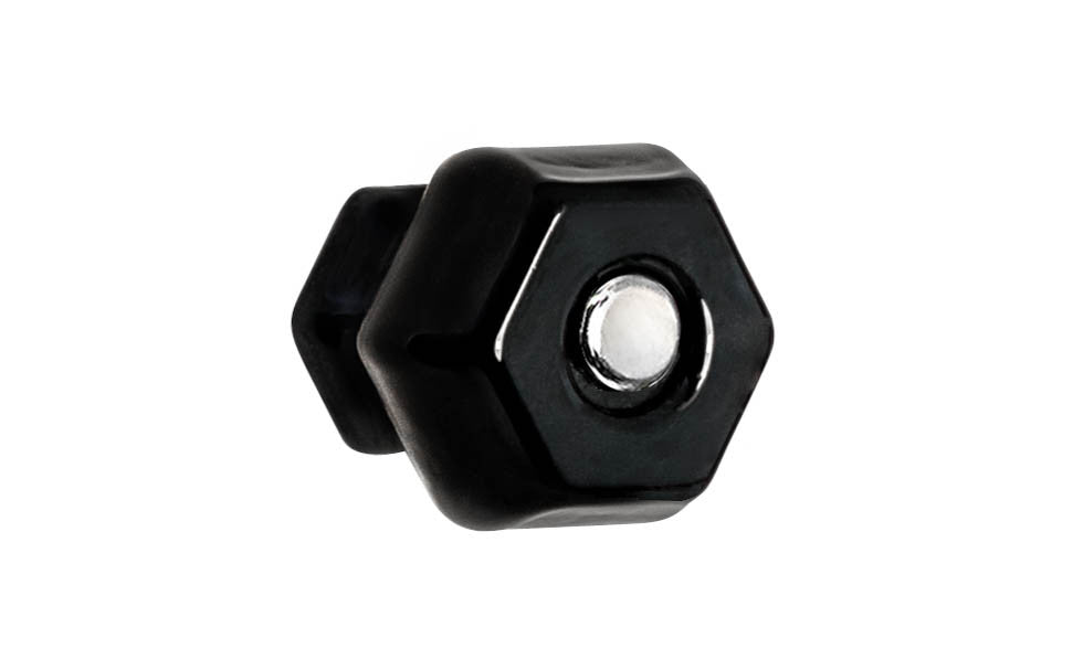 Vintage-style Hardware · Classic & original-style hexagonal glass cabinet knob with a silver pan head thru-bolt. Made of genuine glass. Black color glass. Includes a silver pan thru-bolt. Reproduction hexagonal classic glass knob. Traditional hex glass knob. 1-1/4" Diameter