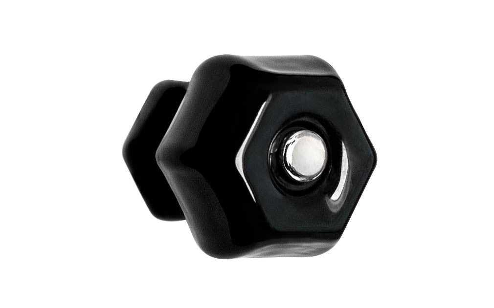Vintage-style Hardware · Classic & original-style hexagonal glass cabinet knob with a silver pan head thru-bolt. Made of genuine glass. Black color glass. Includes a silver pan thru-bolt. Reproduction hexagonal classic glass knob. Traditional hex glass knob. 1-1/2" Diameter